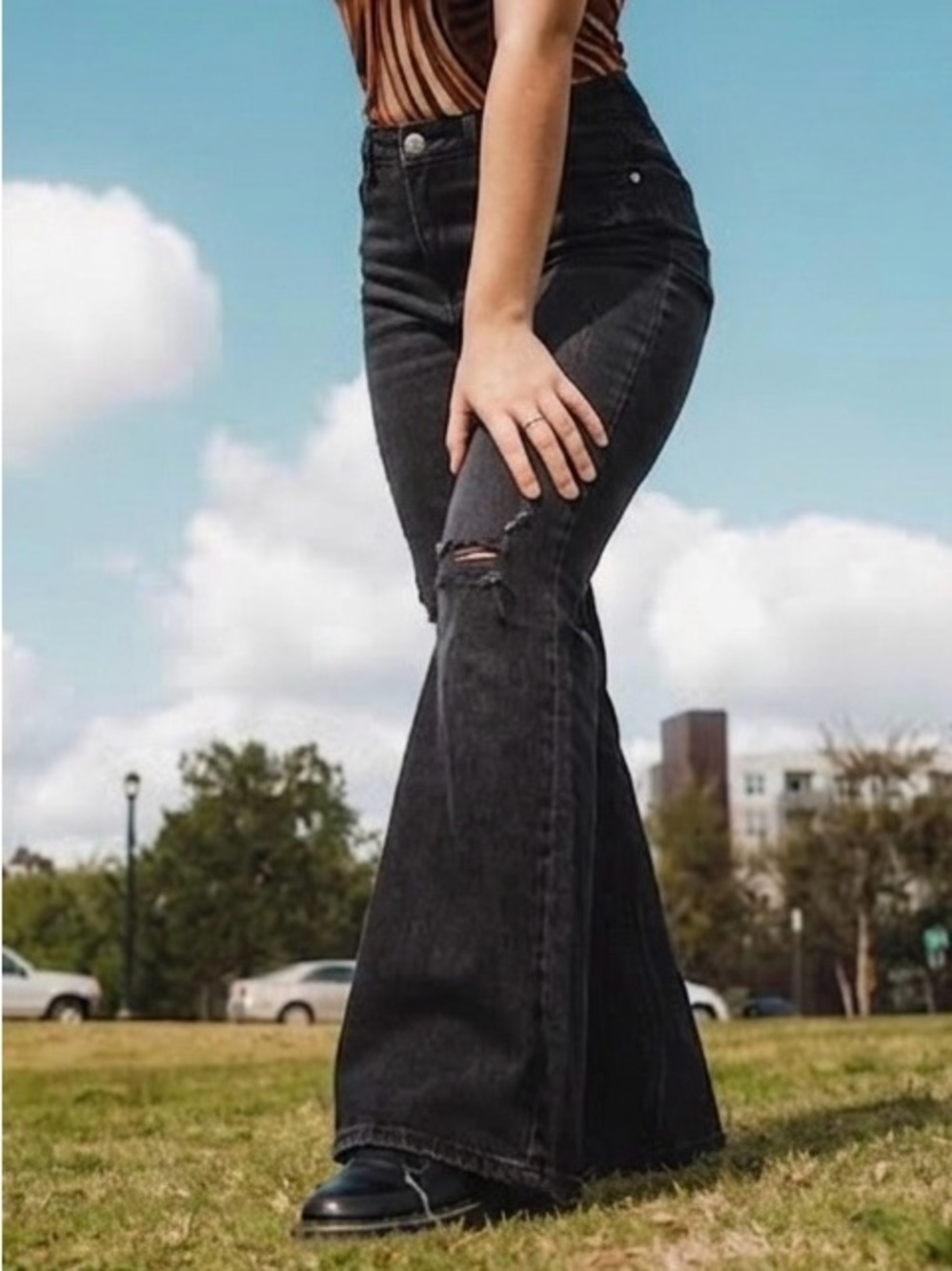 Express Black High-Rise Flare Jeans - Distressed Knee 70s flare size 14